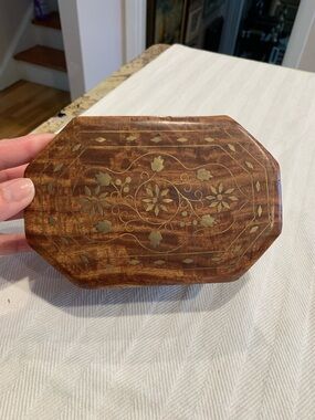 Wood Inlay Jewelry Box with Brass Accents